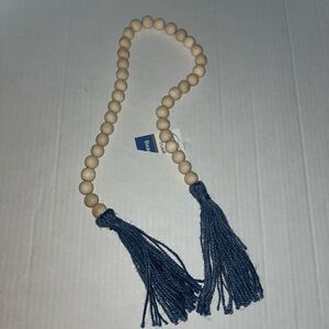 WOODEN boho beads and blue tassels